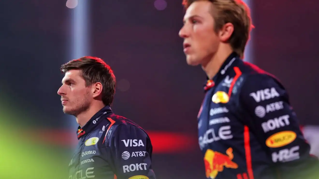 Max Verstappen and Liam Lawson stand together at the F1 75 event