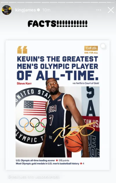 LeBron James Acknowledges Kevin Durant as the Greatest Olympic Basketball Player