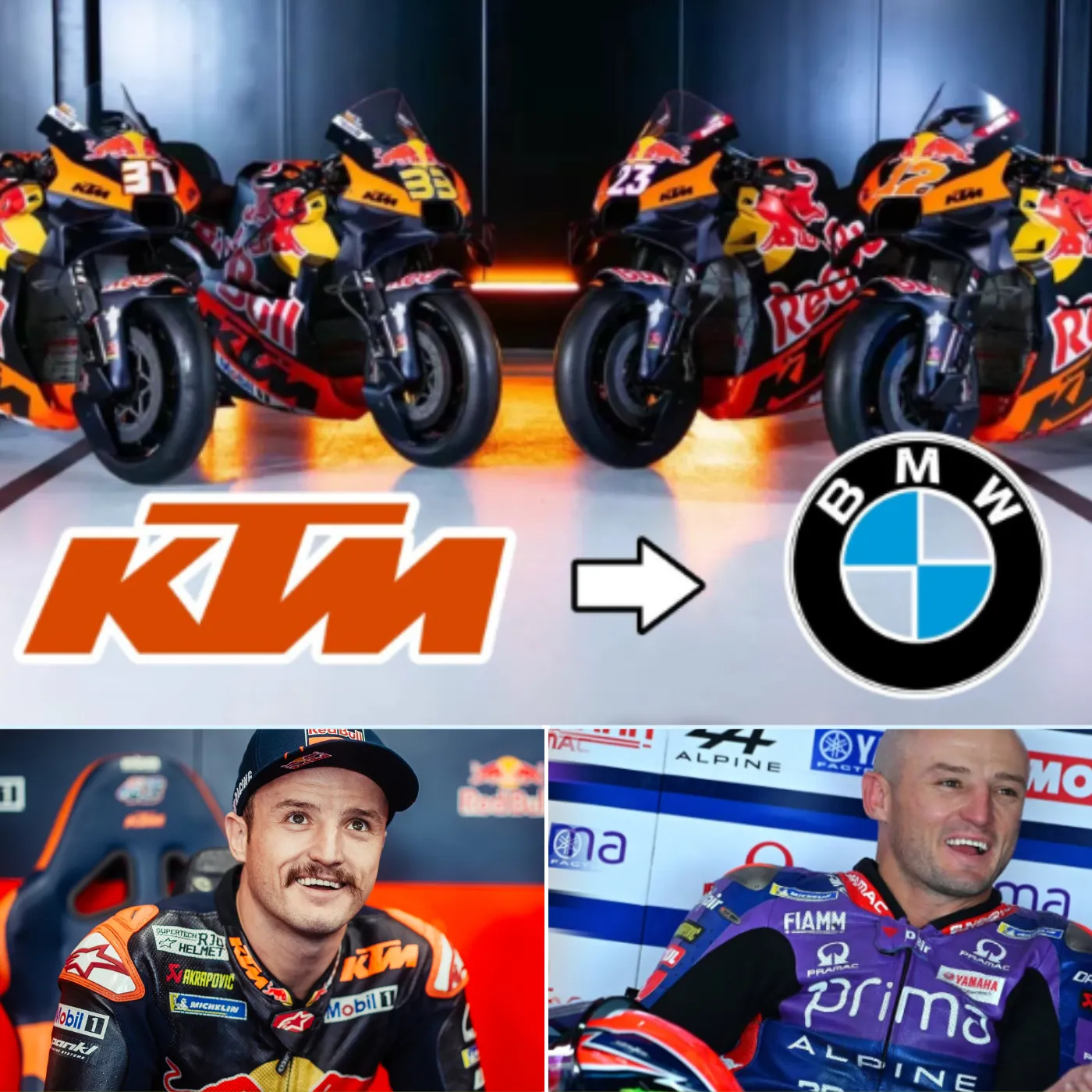 Hot news, KTM went bankrupt and was acquired by BMW for a pittance, while Jack Miller was fortunate to flee to Yamaha just in time.