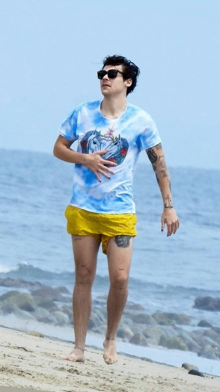 image_68a54a8541c9f Harry Styles turned a simple ball game into a sunshine-filled moment – But every eye was glued to his tiny yellow shorts next to Kaia Gerber!